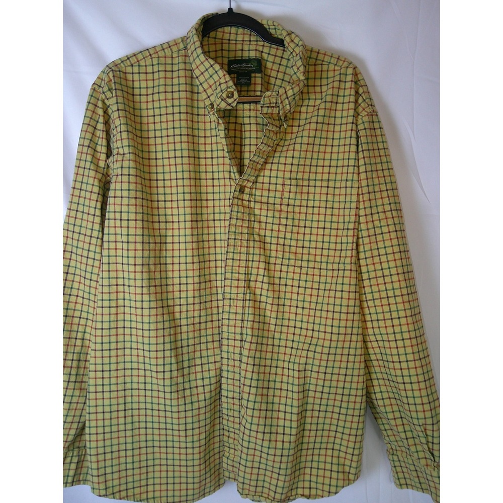 Eddie Bauer Mens Plaid Button Down Long Sleeve Shirt Yellow Red Green XL